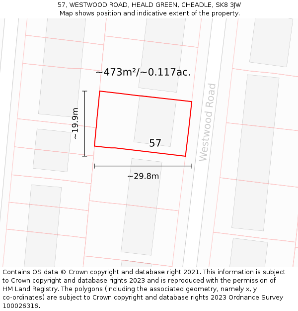 57, WESTWOOD ROAD, HEALD GREEN, CHEADLE, SK8 3JW: Plot and title map