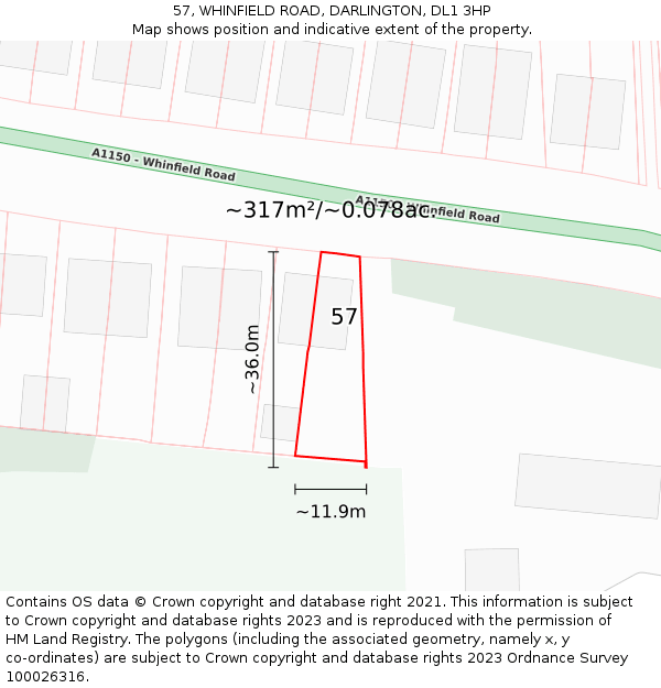 57, WHINFIELD ROAD, DARLINGTON, DL1 3HP: Plot and title map