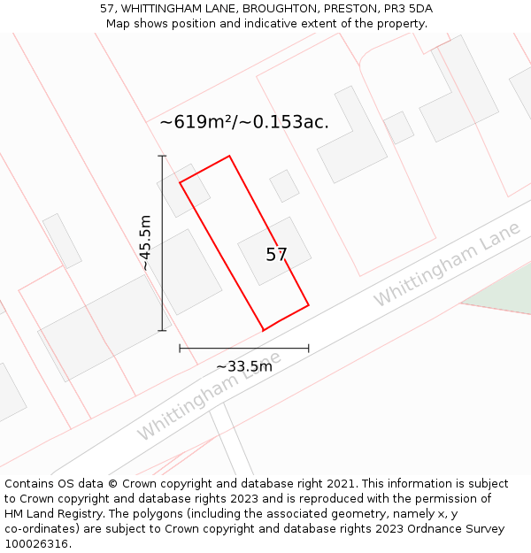 57, WHITTINGHAM LANE, BROUGHTON, PRESTON, PR3 5DA: Plot and title map