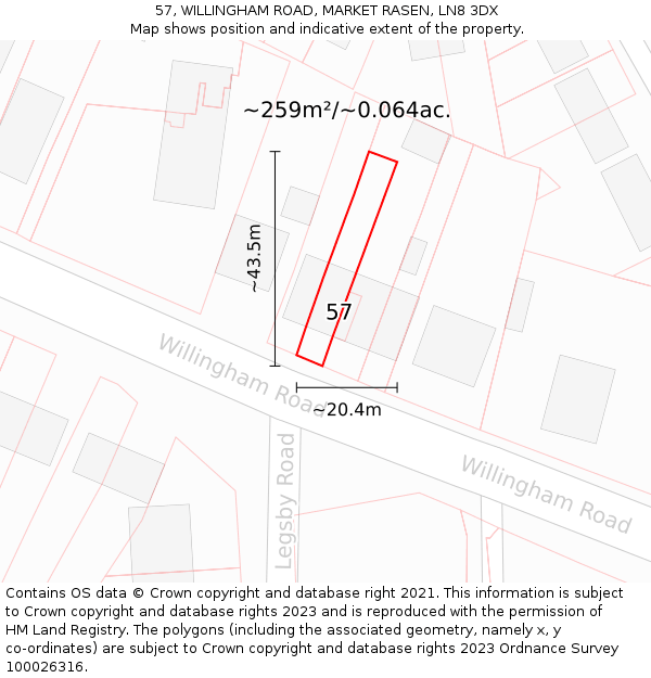 57, WILLINGHAM ROAD, MARKET RASEN, LN8 3DX: Plot and title map