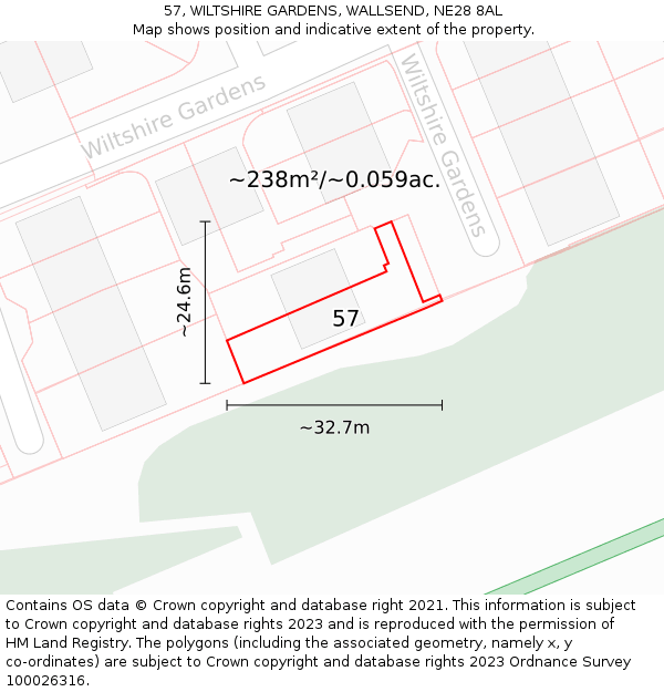 57, WILTSHIRE GARDENS, WALLSEND, NE28 8AL: Plot and title map