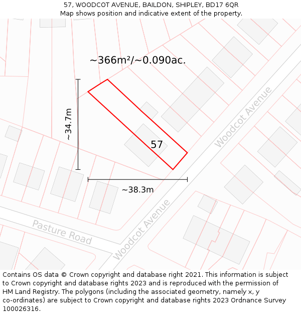 57, WOODCOT AVENUE, BAILDON, SHIPLEY, BD17 6QR: Plot and title map