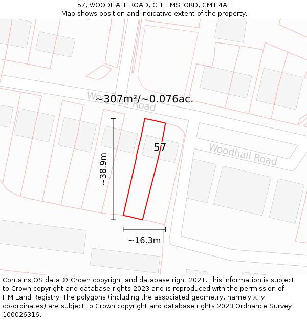 57, WOODHALL ROAD, CHELMSFORD, CM1 4AE: Plot and title map