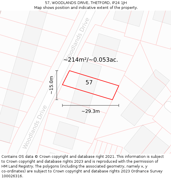 57, WOODLANDS DRIVE, THETFORD, IP24 1JH: Plot and title map