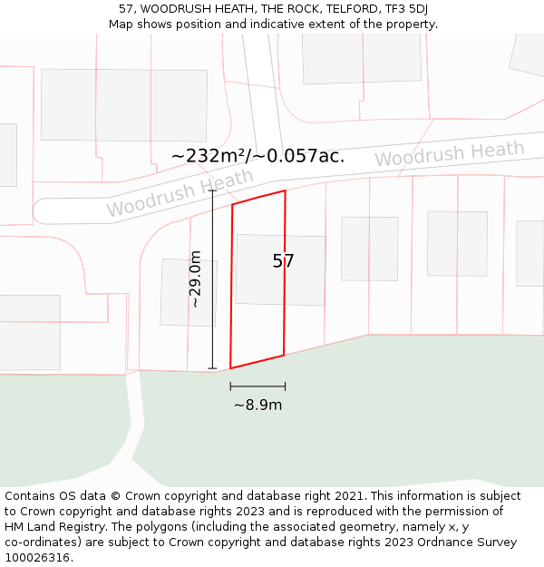 57, WOODRUSH HEATH, THE ROCK, TELFORD, TF3 5DJ: Plot and title map