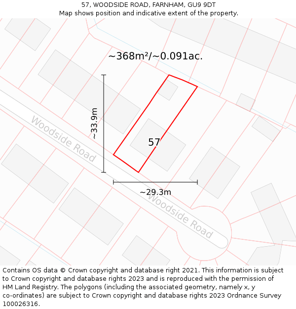 57, WOODSIDE ROAD, FARNHAM, GU9 9DT: Plot and title map