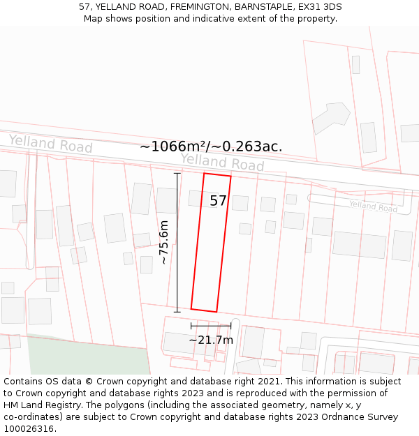 57, YELLAND ROAD, FREMINGTON, BARNSTAPLE, EX31 3DS: Plot and title map