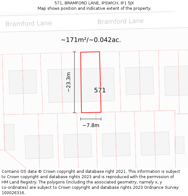 571, BRAMFORD LANE, IPSWICH, IP1 5JX: Plot and title map