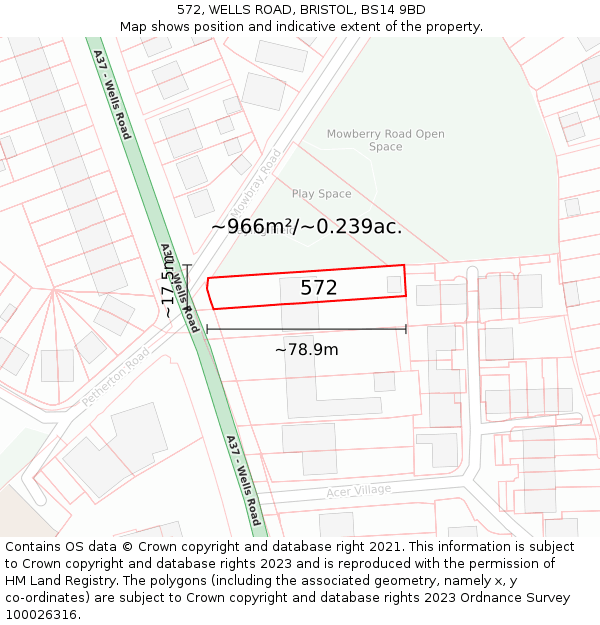 572, WELLS ROAD, BRISTOL, BS14 9BD: Plot and title map