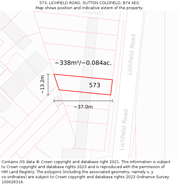 573, LICHFIELD ROAD, SUTTON COLDFIELD, B74 4EG: Plot and title map