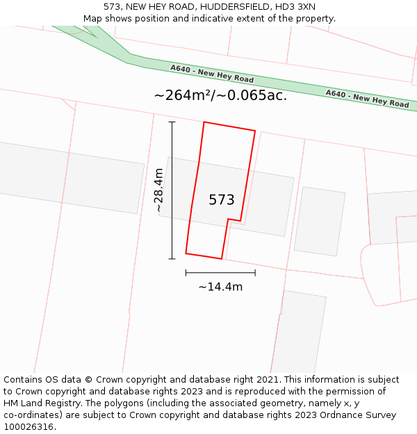 573, NEW HEY ROAD, HUDDERSFIELD, HD3 3XN: Plot and title map