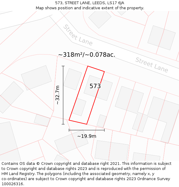 573, STREET LANE, LEEDS, LS17 6JA: Plot and title map