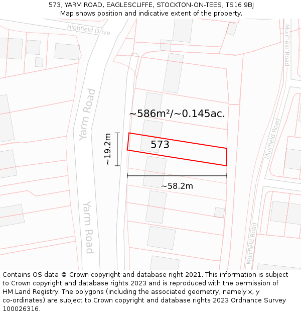 573, YARM ROAD, EAGLESCLIFFE, STOCKTON-ON-TEES, TS16 9BJ: Plot and title map