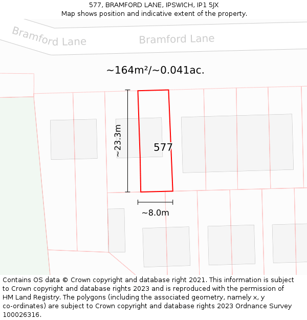 577, BRAMFORD LANE, IPSWICH, IP1 5JX: Plot and title map