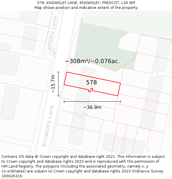 578, KNOWSLEY LANE, KNOWSLEY, PRESCOT, L34 9EF: Plot and title map