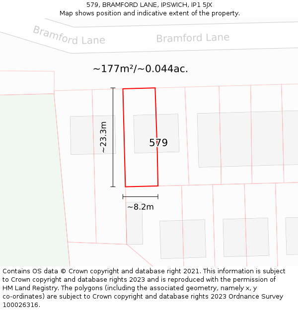 579, BRAMFORD LANE, IPSWICH, IP1 5JX: Plot and title map