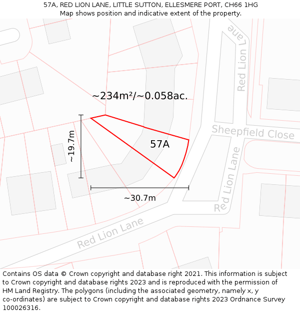 57A, RED LION LANE, LITTLE SUTTON, ELLESMERE PORT, CH66 1HG: Plot and title map