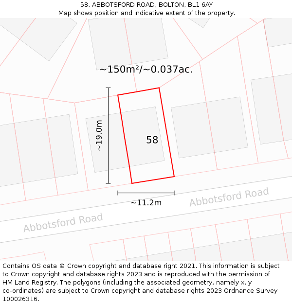 58, ABBOTSFORD ROAD, BOLTON, BL1 6AY: Plot and title map