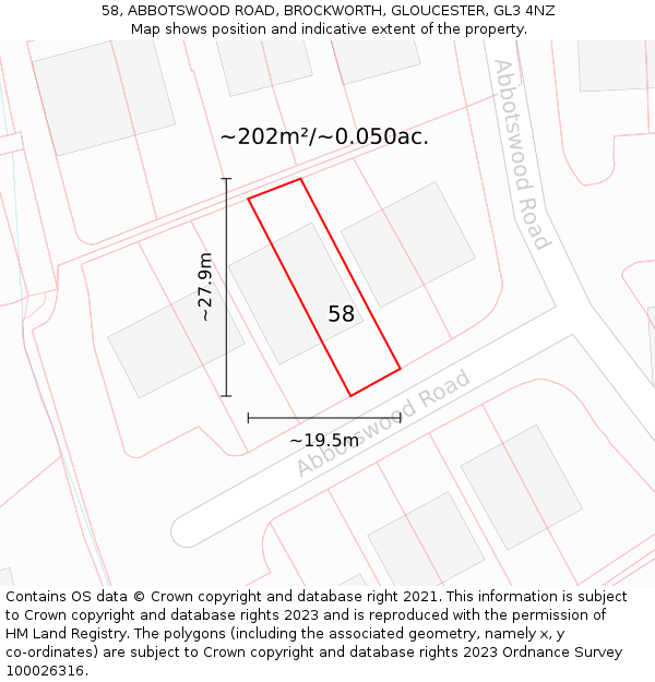 58, ABBOTSWOOD ROAD, BROCKWORTH, GLOUCESTER, GL3 4NZ: Plot and title map