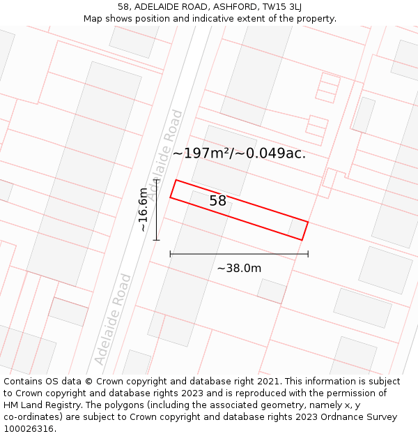 58, ADELAIDE ROAD, ASHFORD, TW15 3LJ: Plot and title map