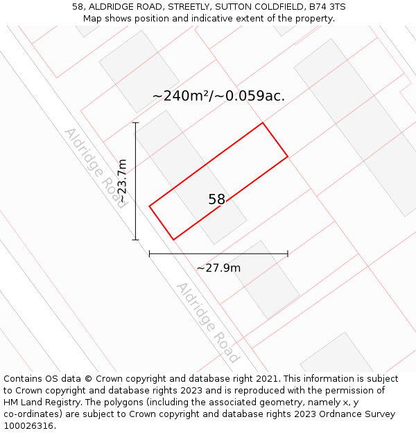 58, ALDRIDGE ROAD, STREETLY, SUTTON COLDFIELD, B74 3TS: Plot and title map