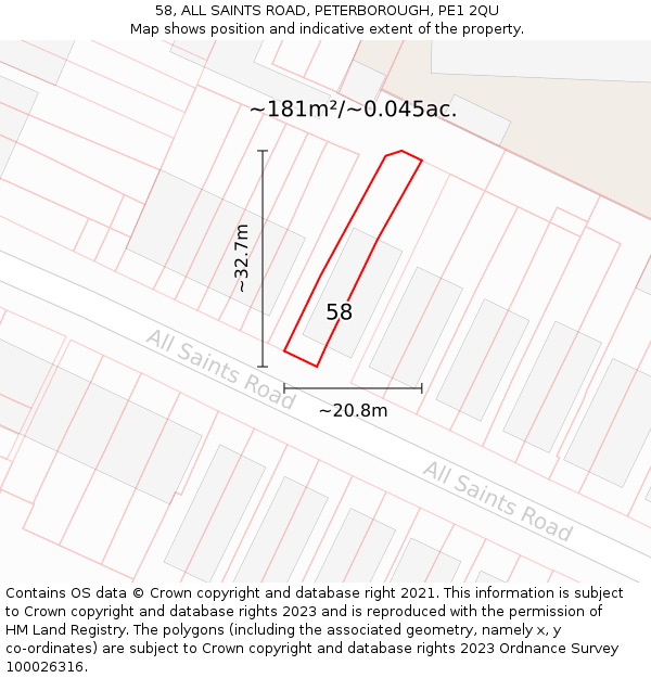 58, ALL SAINTS ROAD, PETERBOROUGH, PE1 2QU: Plot and title map