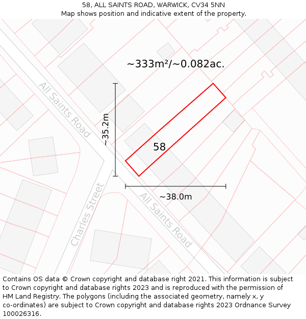 58, ALL SAINTS ROAD, WARWICK, CV34 5NN: Plot and title map