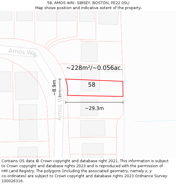 58, AMOS WAY, SIBSEY, BOSTON, PE22 0SU: Plot and title map