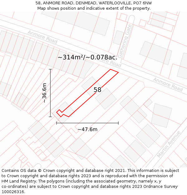 58, ANMORE ROAD, DENMEAD, WATERLOOVILLE, PO7 6NW: Plot and title map