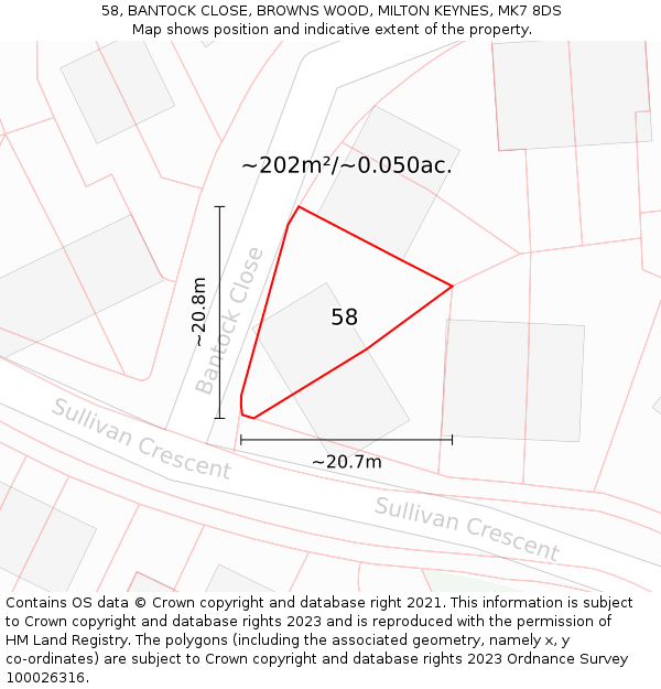 58, BANTOCK CLOSE, BROWNS WOOD, MILTON KEYNES, MK7 8DS: Plot and title map