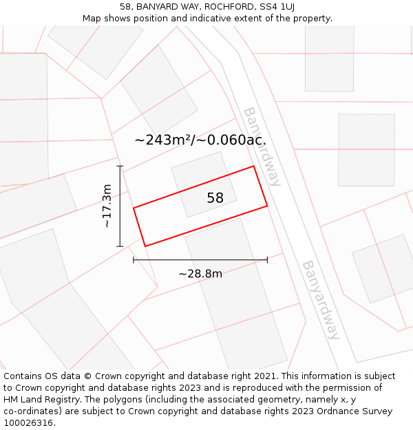 58, BANYARD WAY, ROCHFORD, SS4 1UJ: Plot and title map