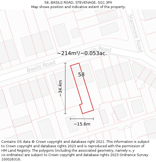 58, BASILS ROAD, STEVENAGE, SG1 3PX: Plot and title map