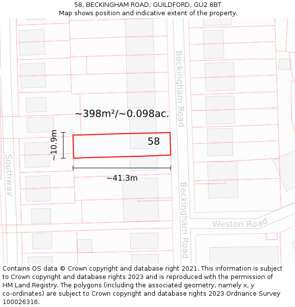 58, BECKINGHAM ROAD, GUILDFORD, GU2 8BT: Plot and title map