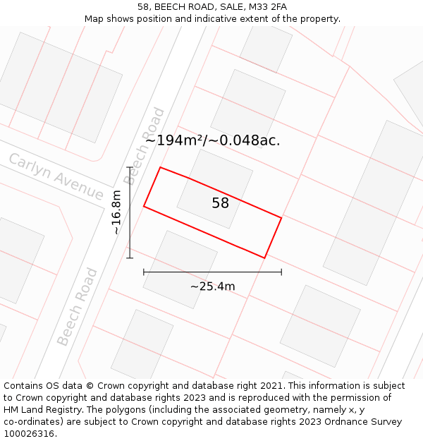 58, BEECH ROAD, SALE, M33 2FA: Plot and title map