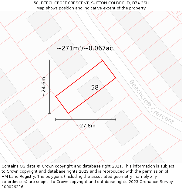 58, BEECHCROFT CRESCENT, SUTTON COLDFIELD, B74 3SH: Plot and title map