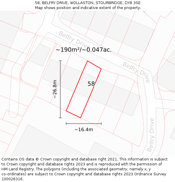 58, BELFRY DRIVE, WOLLASTON, STOURBRIDGE, DY8 3SE: Plot and title map