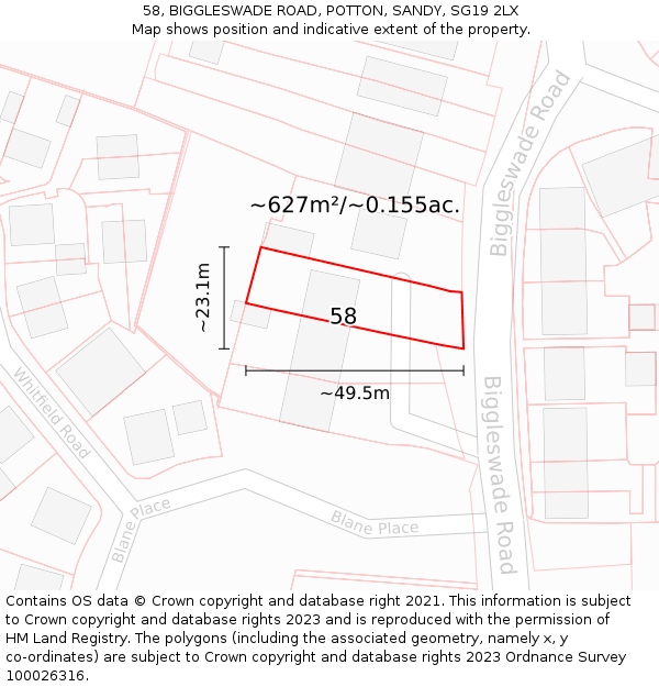 58, BIGGLESWADE ROAD, POTTON, SANDY, SG19 2LX: Plot and title map