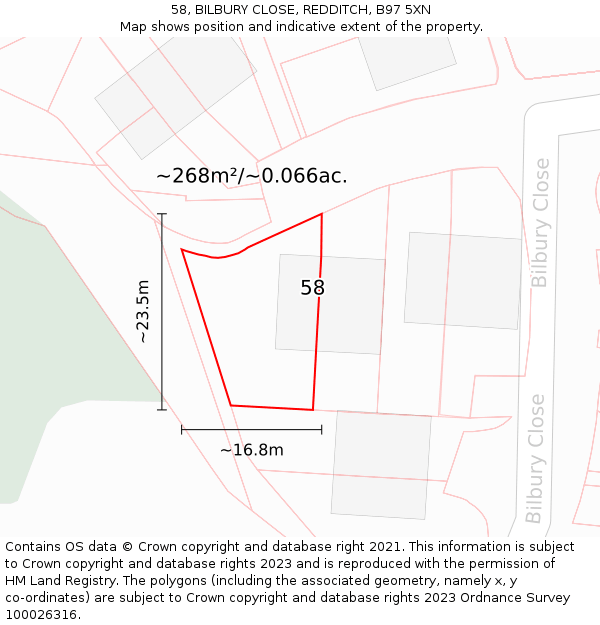 58, BILBURY CLOSE, REDDITCH, B97 5XN: Plot and title map