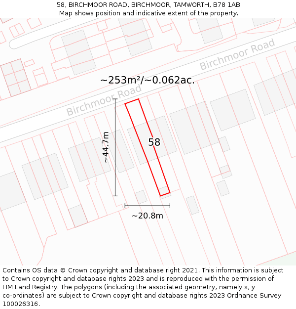 58, BIRCHMOOR ROAD, BIRCHMOOR, TAMWORTH, B78 1AB: Plot and title map