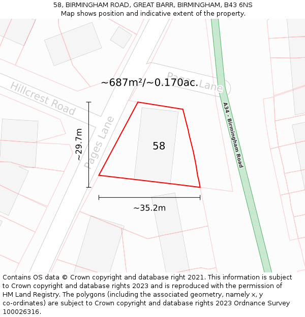 58, BIRMINGHAM ROAD, GREAT BARR, BIRMINGHAM, B43 6NS: Plot and title map