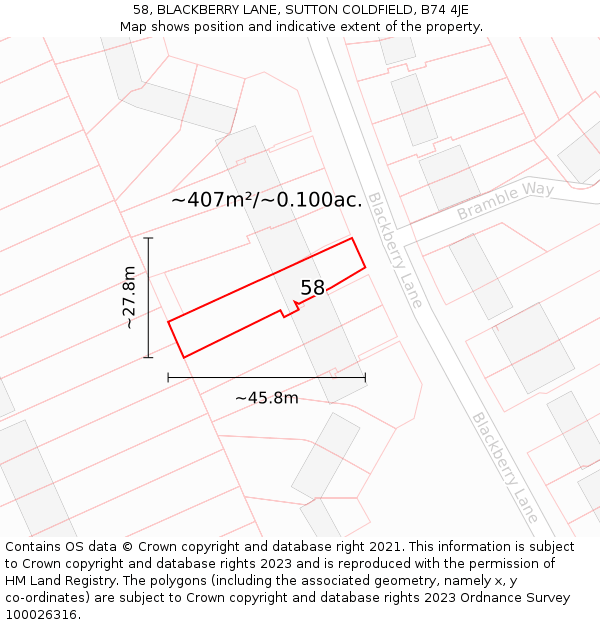 58, BLACKBERRY LANE, SUTTON COLDFIELD, B74 4JE: Plot and title map