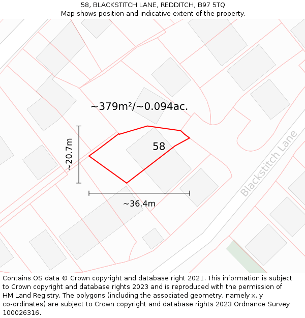 58, BLACKSTITCH LANE, REDDITCH, B97 5TQ: Plot and title map