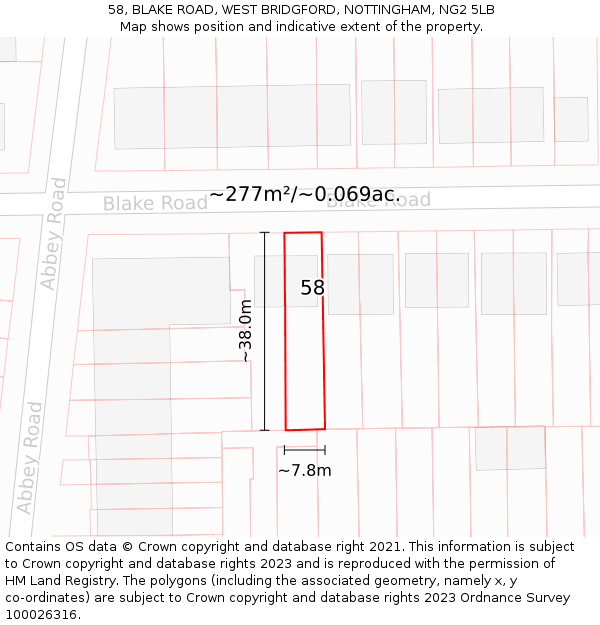 58, BLAKE ROAD, WEST BRIDGFORD, NOTTINGHAM, NG2 5LB: Plot and title map