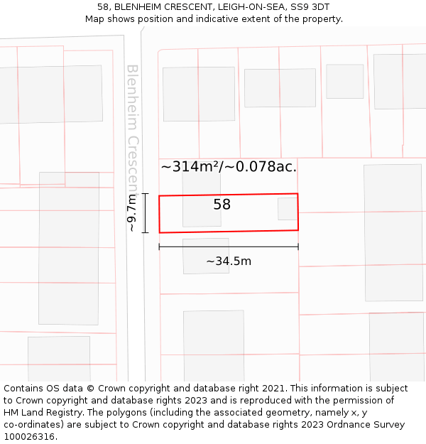 58, BLENHEIM CRESCENT, LEIGH-ON-SEA, SS9 3DT: Plot and title map