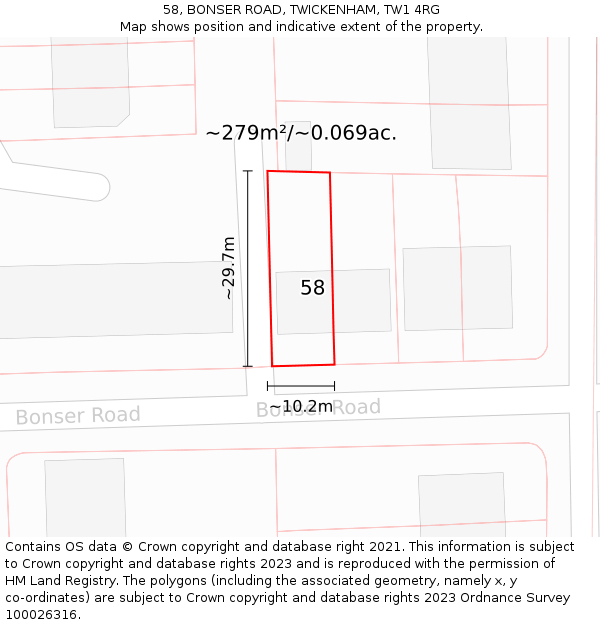 58, BONSER ROAD, TWICKENHAM, TW1 4RG: Plot and title map