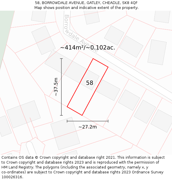 58, BORROWDALE AVENUE, GATLEY, CHEADLE, SK8 4QF: Plot and title map