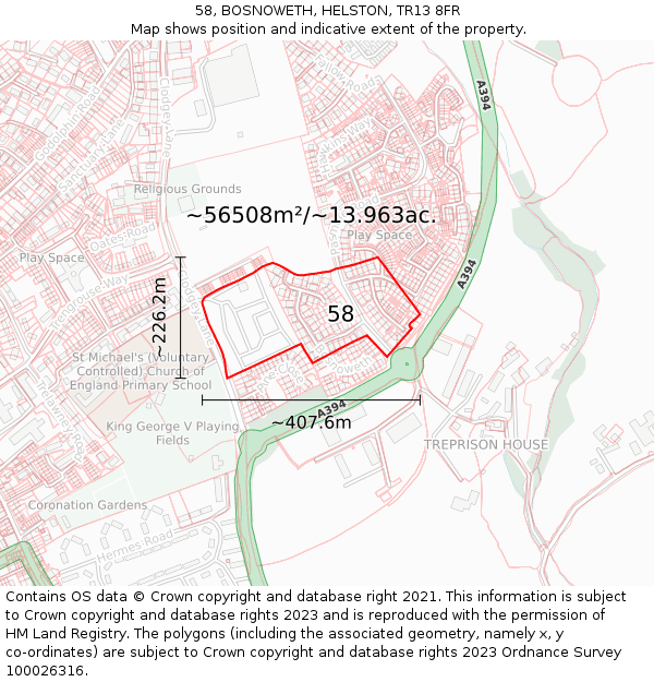 58, BOSNOWETH, HELSTON, TR13 8FR: Plot and title map