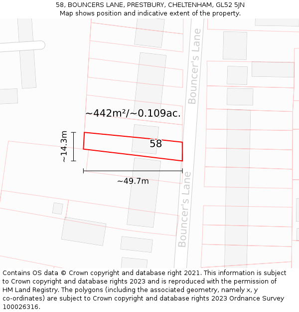 58, BOUNCERS LANE, PRESTBURY, CHELTENHAM, GL52 5JN: Plot and title map