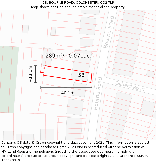 58, BOURNE ROAD, COLCHESTER, CO2 7LP: Plot and title map