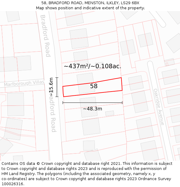 58, BRADFORD ROAD, MENSTON, ILKLEY, LS29 6BX: Plot and title map